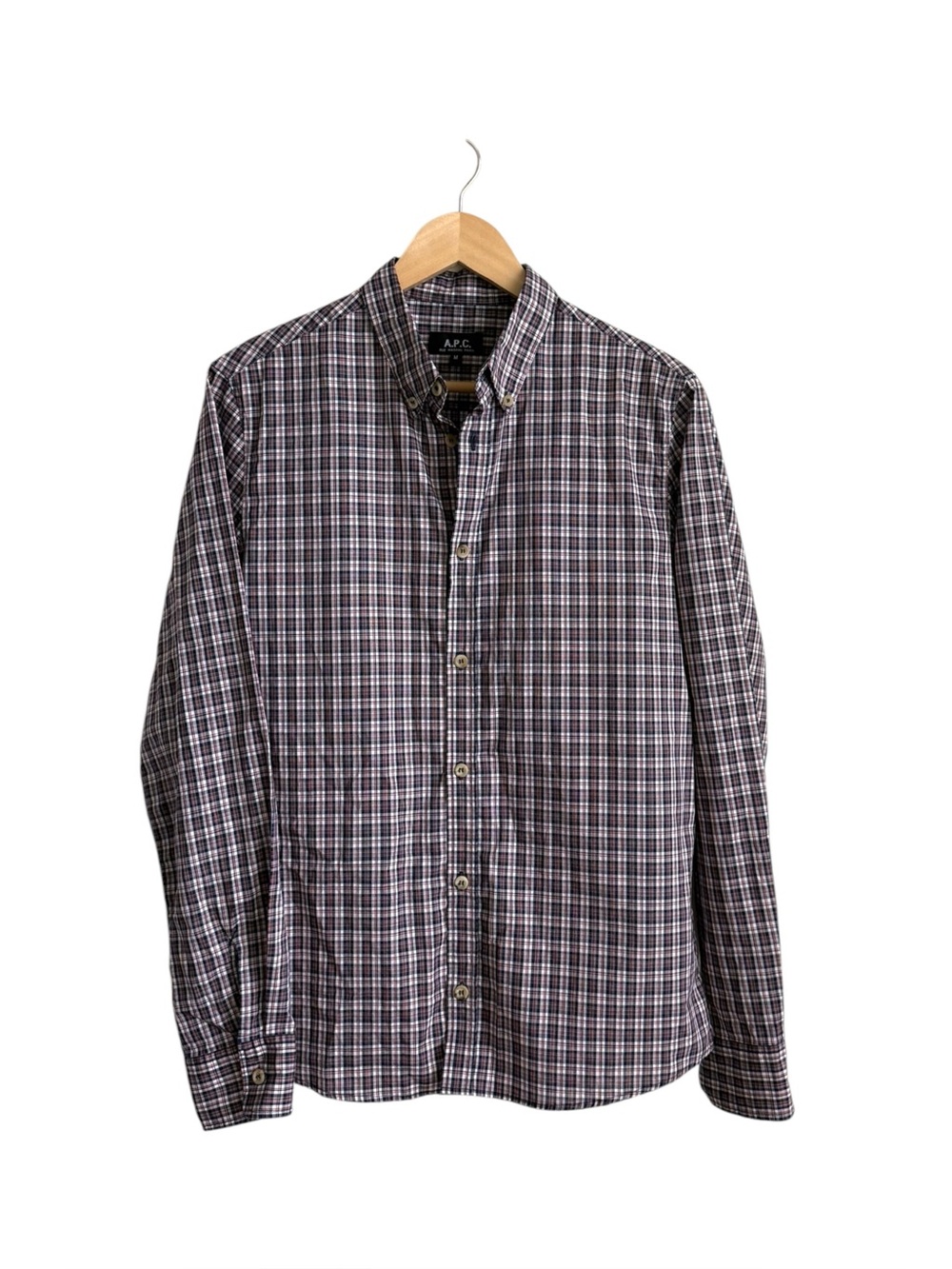 A.P.C. Men's Plaid Cotton Button Down Shirt Navy Red Green Medium